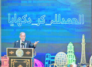 Prime Minister Muhammad Shehbaz Sharif announcing the reduction in electricity tariff