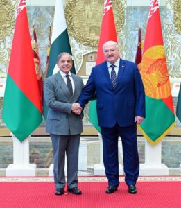 Belarusian President H.E. Aleksandr Lukashenko and Prime Minister Muhammad Shehbaz Sharif shake hands at the Independence Palace of Belarus.