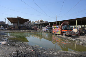 A view of sewerage water accumulated at Sabzi mandi need the attention of concerned authorities.