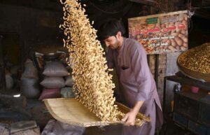 A labourer busy cleaning peanuts in a traditional way outside his shop in Firdous Market