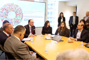 Finance Minister Senator Muhammad Aurangzeb participating in a discussion with the Pakistan Bank-Fund Staff Association regarding the country's macroeconomic indicators and structural reforms in Washington D.C