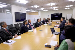 Finance Minister Senator Muhammad Aurangzeb participating in a discussion with the Pakistan Bank-Fund Staff Association regarding the country's macroeconomic indicators and structural reforms in Washington D.C