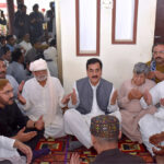 Chairman Senate Syed Yusuf Raza Gilani offering fateha and expresses condolences on the death of Haji Aali Sher Bosan's younger brother at Adda Band Bosan