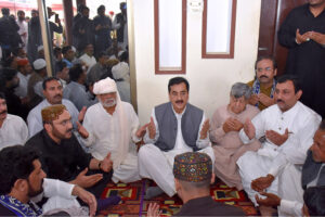 Chairman Senate Syed Yusuf Raza Gilani offering fateha and expresses condolences on the death of Haji Aali Sher Bosan's younger brother at Adda Band Bosan