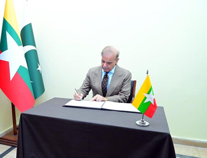 Prime Minister Muhammad Shehbaz Sharif pens his remarks at the embassy of Myanmar, showing his solidarity and offering condolences regarding the recent devastating earthquake in Myanmar