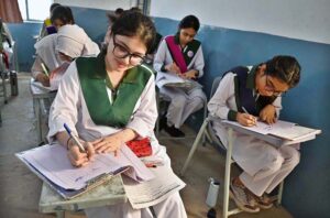 Students appear for their SSC (Part-1) annual exams with concentration and resolve at Hayat girl’s high school.