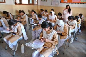 Students appear for their SSC (Part-1) annual exams with concentration and resolve at Hayat girl’s high school.