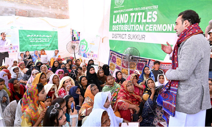 Chairman Pakistan People’s Party Bilawal Bhutto Zardari addressing the flood affectees women during Land Titles Distribution Ceremony under construction of Sindh People’s Housing for flood affectees at Ali Wahan Village