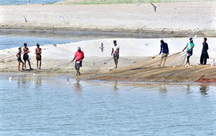 Fishermen cast their net to catch fish into the Indus River near Hussainabad