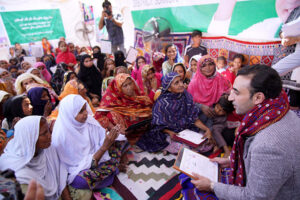 Chairman Pakistan People’s Party Bilawal Bhutto Zardari addressing the flood affectees women during Land Titles Distribution Ceremony under construction of Sindh People’s Housing for flood affectees at Ali Wahan Village
