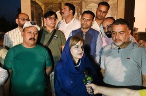 Parliamentary Secretary for Education, Heritage, and Culture, Farah Naz Akbar addressing talking to media at Lok Virsa, Shakar Parian.