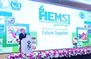 Prime Minister Muhammad Shehbaz Sharif addresses the 4th Health, Engineering and Minerals Show.