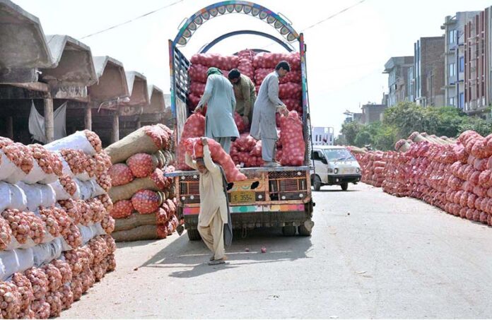 Daily wage labourers unload fresh onions from delivery truck at the Sabzi Mandi in the city