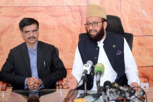 Federal Minister for Religious Affairs and Interfaith Harmony Sardar Mohammad Yousuf briefing the media at Hajji Camp in provincial capital.