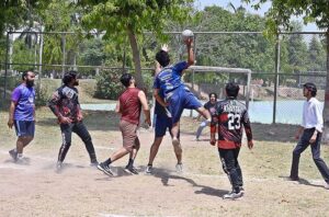 Players in action during a handball match at the Sports Gala organized by the University of Sargodha.