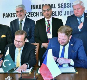 Muhammad Humair Karim, Special Secretary Ministry of Economic Affairs, and David Muller, Director General at the Czech Republic's Ministry of Industry and Trade, signing the protocols after the completion of first Joint Commission Meeting in federal capital