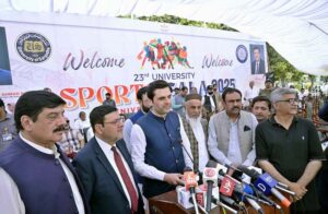 Provincial Minister for Communication Malik Sohaib Bharth addressing during opening ceremony of Annual Sports Gala at University of Sargodha.
