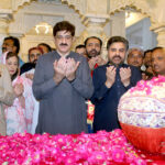 Sindh Chief Minister Syed Murad Ali Shah and others offering Fateha on the grave of Shaheed Zulfiqar Ali Bhutto on the occasion to attend his 46th martyrdom anniversary at Garhi Khuda Bakhsh