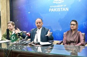 Federal Minister for Climate Change and Environmental Coordination Senator Musadik Masood Malik and Minister of State for Climate Change Dr. Shezra Mansab Ali Khan Kharal addressing a press conference at PID Media Center.