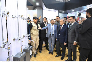 Prime Minister Muhammad Shehbaz Sharif visits stalls at the Health, Engineering and Minerals Show at the Expo Centre.