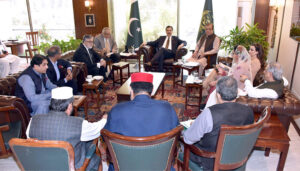 Chairman Senate Syed Yousuf Raza Gilani presiding over high level meeting at the parliament house to finalize resolution to condemn India’s recent frivolous and baseless attempts to link Pakistan with the Pahalgam attack. Leader of the house Senator Mohammad Ishaq Dar, Deputy Prime Minister, Foreign Minister of Pakistan and leader of the opposition Senator Syed Shibli Faraz and Parliamentary heads of various parties in the Senate attending the meeting