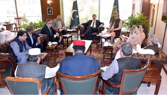 Chairman Senate Syed Yousuf Raza Gilani presiding over high level meeting at the parliament house to finalize resolution to condemn India’s recent frivolous and baseless attempts to link Pakistan with the Pahalgam attack. Leader of the house Senator Mohammad Ishaq Dar, Deputy Prime Minister, Foreign Minister of Pakistan and leader of the opposition Senator Syed Shibli Faraz and Parliamentary heads of various parties in the Senate attending the meeting