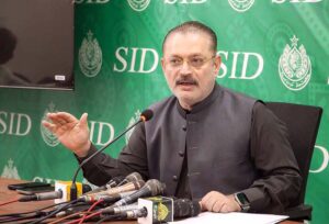 Sindh Senior Minister for Information Sharjeel Inam Memon addressing a press conference