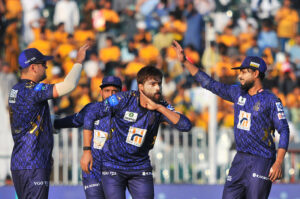 Quetta Gladiators bowler Muhammad Amir appealing for catch of Peshawar Zalmi batter Babar Azam during the Pakistan Super League (PSL) Twenty20 cricket match between Quetta Gladiators and Peshawar Zalmi at the Rawalpindi Cricket Stadium.