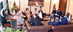 Chairman Senate Syed Yousuf Raza Gilani presiding over high level meeting at the parliament house to finalize resolution to condemn India’s recent frivolous and baseless attempts to link Pakistan with the Pahalgam attack. Leader of the house Senator Mohammad Ishaq Dar, Deputy Prime Minister, Foreign Minister of Pakistan and leader of the opposition Senator Syed Shibli Faraz and Parliamentary heads of various parties in the Senate attending the meeting