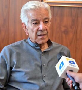 Defense Minister Khawaja Muhammad Asif is addressing to the media on India issue at his residence