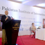 Senator (Retd) Mushahid Hussain Syed addressing at a conference on 'Seventy Years after Bandung The Struggle Continues' organised by the Pakistan Institute of International Affairs ( PIIA) at a local hotel
