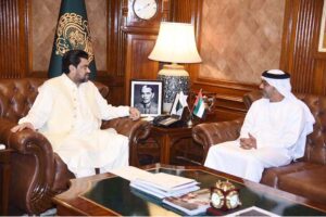 UAE Ambassador Hamad Obaid Al Zabi meets Sindh Governor Kamran Khan Tessori at Governor House.