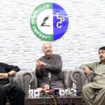 Political Secretary to PPP Chairman, MPA Jameel Ahmed Soomro addressing a press conference regarding the 46th martyrdom anniversary of Shaheed Zulfiqar Ali Bhutto at Press Club