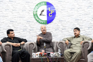 Political Secretary to PPP Chairman, MPA Jameel Ahmed Soomro addressing a press conference regarding the 46th martyrdom anniversary of Shaheed Zulfiqar Ali Bhutto at Press Club