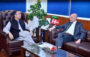 Federal Minister for Maritime Affairs, Junaid Anwar Chaudhry talking to Danish Ambassador Jakob Linulf who called on him at his office.