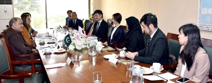 Senator Nadeem Ahmed Bhutto, Convener of the Pak-Japan Friendship Group in the Senate, discusses matters of mutual interest with a Japanese business delegation at Parliament House