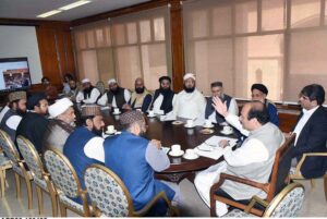 Chairman Prime Minister's Youth Programme Rana Mashhood Ahmed Khan and Minister for Religious Affairs and Interfaith Harmony Sardar Muhammad Yousaf in a consultative session of National Adolescent and Youth Policy.