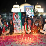 Pakistan People’s Party workers attending the candle lit up ceremony in front of the mausoleum of Shaheed Zulfiqar Ali Bhutto to pay tribute on his 46th martyrdom anniversary at Garhi Khuda Bakhsh
