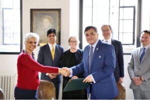 High Commissioner of Pakistan to UK, Dr. Mohammad Faisal and Professor Shailaja Fennel of the Center for South Asian Studies - University of Cambridge, UK exchanging MOU documents for establishment of "Allama Iqbal Visiting Fellowship", at Cambridge University, UK. The ceremony was attended by Prof. Kamal Munir, Pro Vice Chancellor, Prof. Jude Browne, Head of Department of Politics, Cambridge University and officers of the Pakistan High Commission
