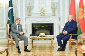 President of Belarus H.E. Aleksandr Lukashenko and Prime Minister Muhammad Shehbaz Sharif in a bilateral meeting at Independence Palace of Belarus.