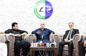 Political Secretary to PPP Chairman, MPA Jameel Ahmed Soomro addressing a press conference regarding the 46th martyrdom anniversary of Shaheed Zulfiqar Ali Bhutto at Press Club