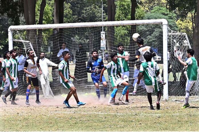 Players in action during the final football match between the Agriculture College and the Sports Science Department on the Sports Gala held at the University of Sargodha