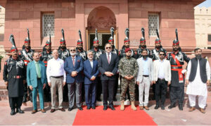 Minister for Planning Ahsan Iqbal speaks to the media during his visit to the mausoleum of Allama Muhammad Iqbal, Pakistan's national poet, on the occasion of his 87th death anniversary.