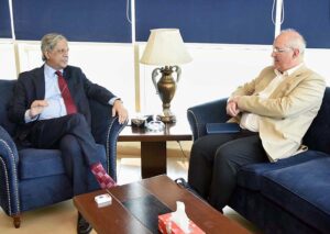 UN Special Rapporteur Professor Nicolas Levrat in a meeting with Federal Minister for Law and Justice and Human Rights, Senator Azam Nazeer Tarar, at the Ministry of Human Rights to Discuss Pakistan's Efforts to promote minority rights and interfaith harmony.