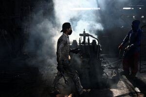 Labourers work at an iron factory in industrial area as world celebrate the International Labor Day. A celebration all over the global to pay tribute to those who laid down their lives in Chicago in 1886 for the rights of laborers with the theme of Uniting Workers for Social and Economic Advancement. It was in 1972 when Pakistan,s first labor policy was devised and May 1st was officially declared as a holiday. Pakistan,s labor constitutes without doubt the most miserable community in the country. Labor Day is an annual holiday celebrated all over the world on May 01 that resulted from efforts of the labor union movement, to celebrate the economic and social achievements of workers
