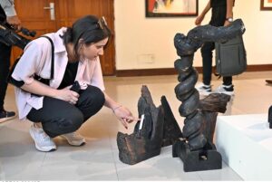 An art lover visits the art exhibition “Rekingdling: The Kalash Narrative,” by six accomplished artists, Ahmed Habib, Akram Dost Baloch, Ejaz Khan, M.A.Bhatti, Riffat Khattak and Samreen Asif organized by Pakistan National Council of the Arts in collaboration with Nomad Gallery at Gallery 06 in PNCA