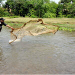 A fisherman throws his net in a local stream to catch fish near Phandu, in the provincial capital