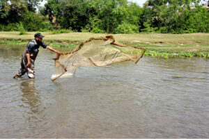 A fisherman throws his net in a local stream to catch fish near Phandu, in the provincial capital