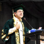 Federal Minister for Energy Sardar Owais Ahmed Khan Leghari is addressing the second convocation of Ghazi University