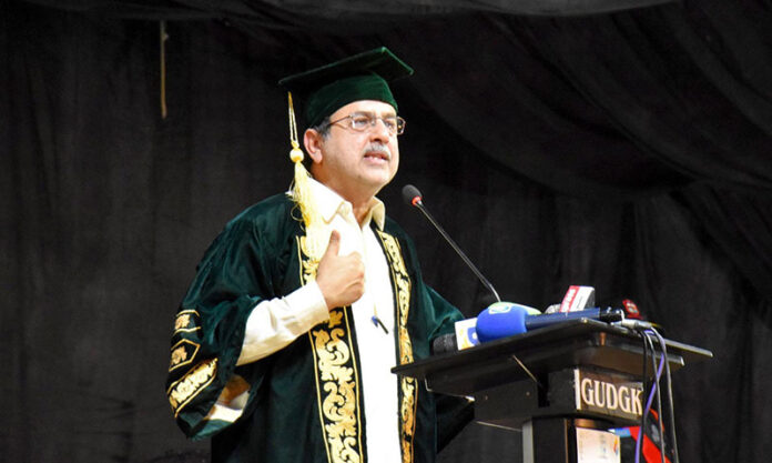 Federal Minister for Energy Sardar Owais Ahmed Khan Leghari is addressing the second convocation of Ghazi University
